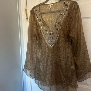 Metro 7 Beige Sheer Beaded Striped V-Neck Bell Sleeve Blouse Women's XL